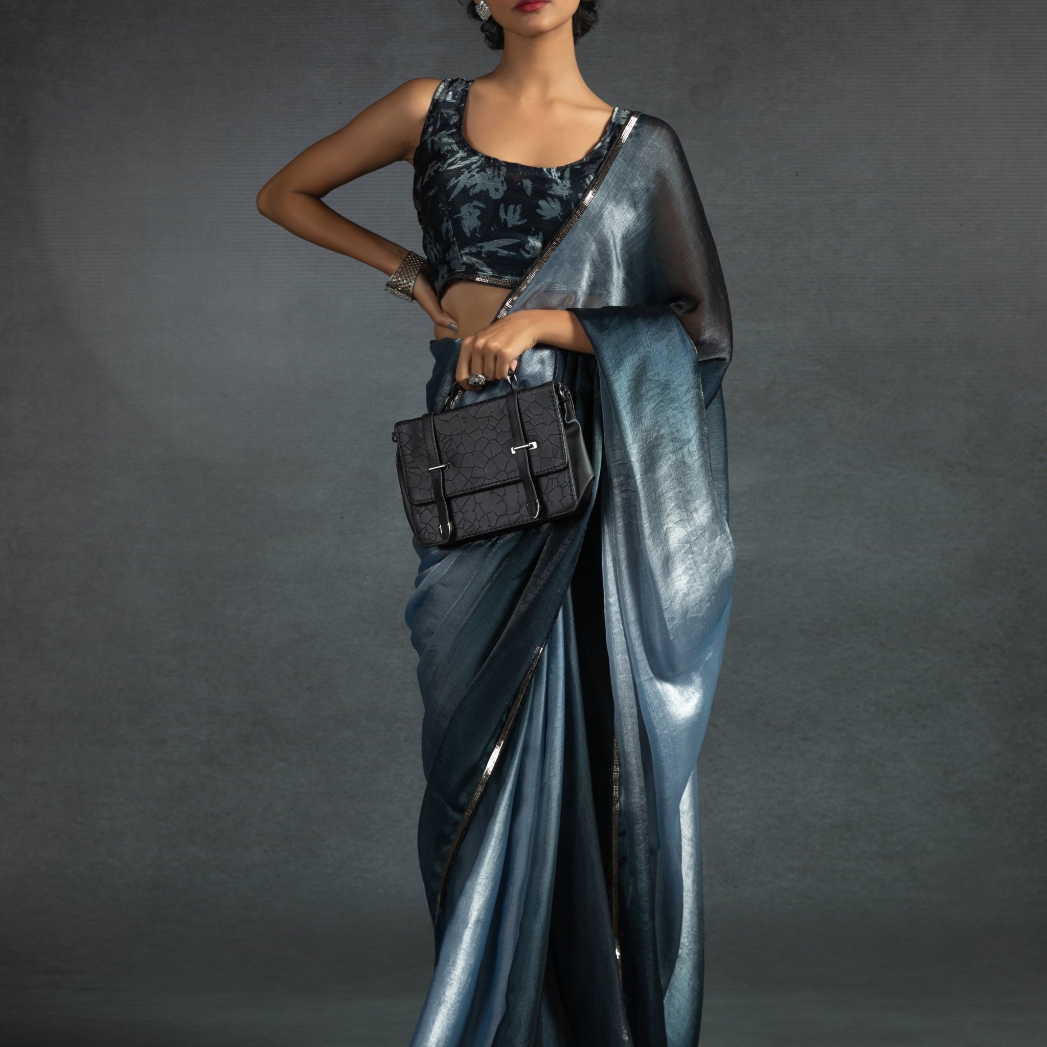 Fantastic Dusty Blue Satin Party Wear Pre-Stitched Saree With Blouse