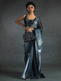 Fantastic Dusty Blue Satin Party Wear Pre-Stitched Saree With Blouse