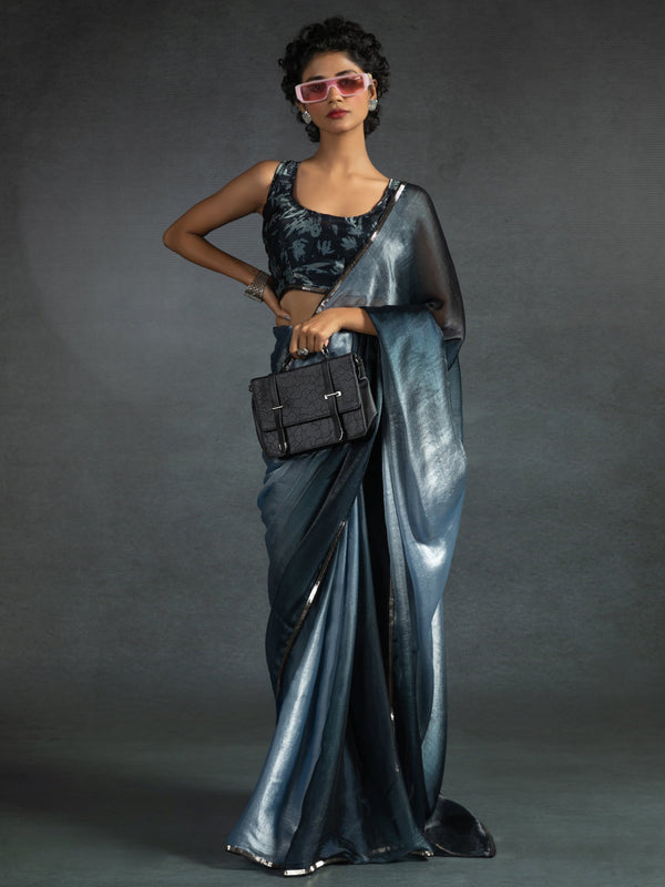 Fantastic Dusty Blue Satin Party Wear Pre-Stitched Saree With Blouse