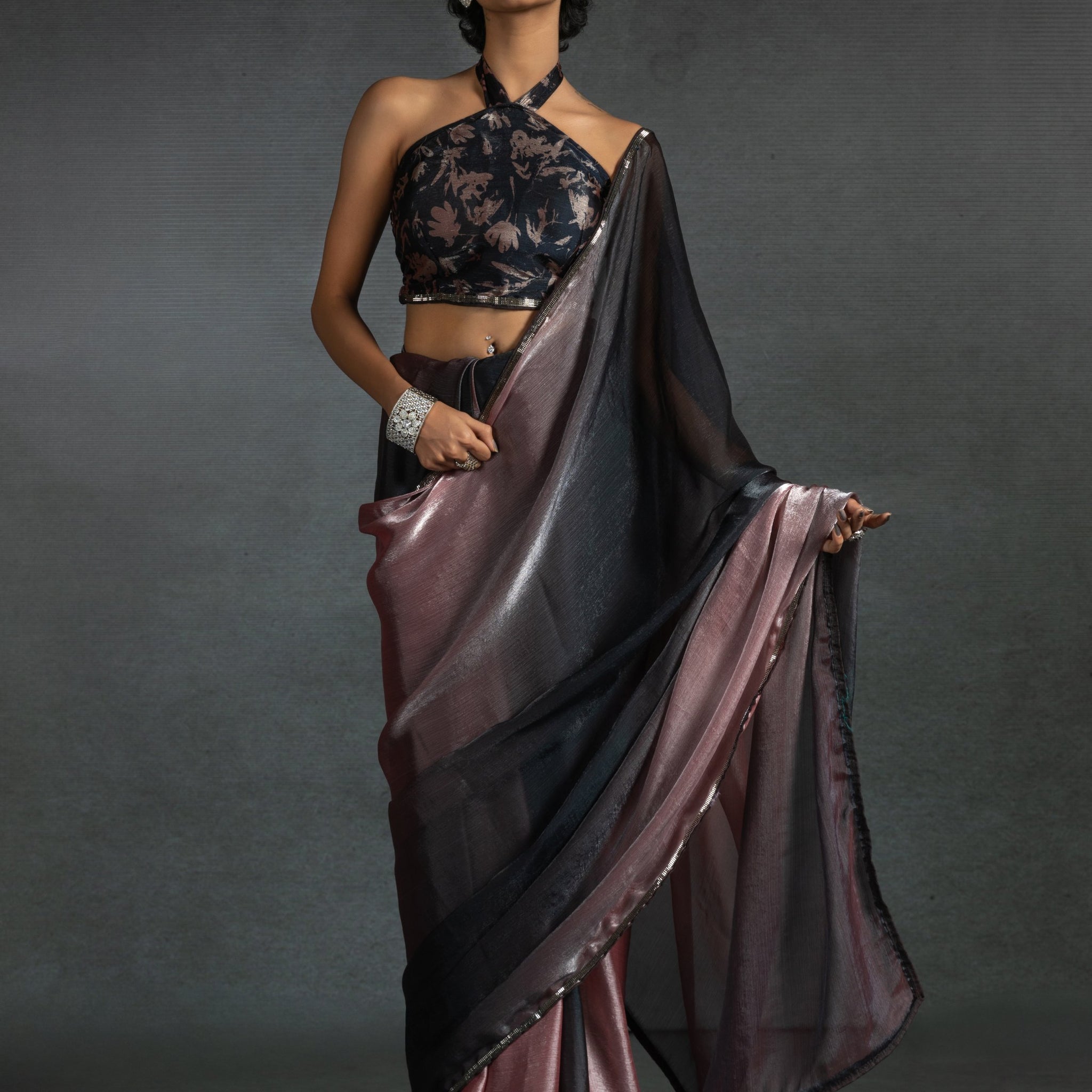 Dazzling Rose Gold Satin Reception Wear Pre-Stitched Saree With Blouse