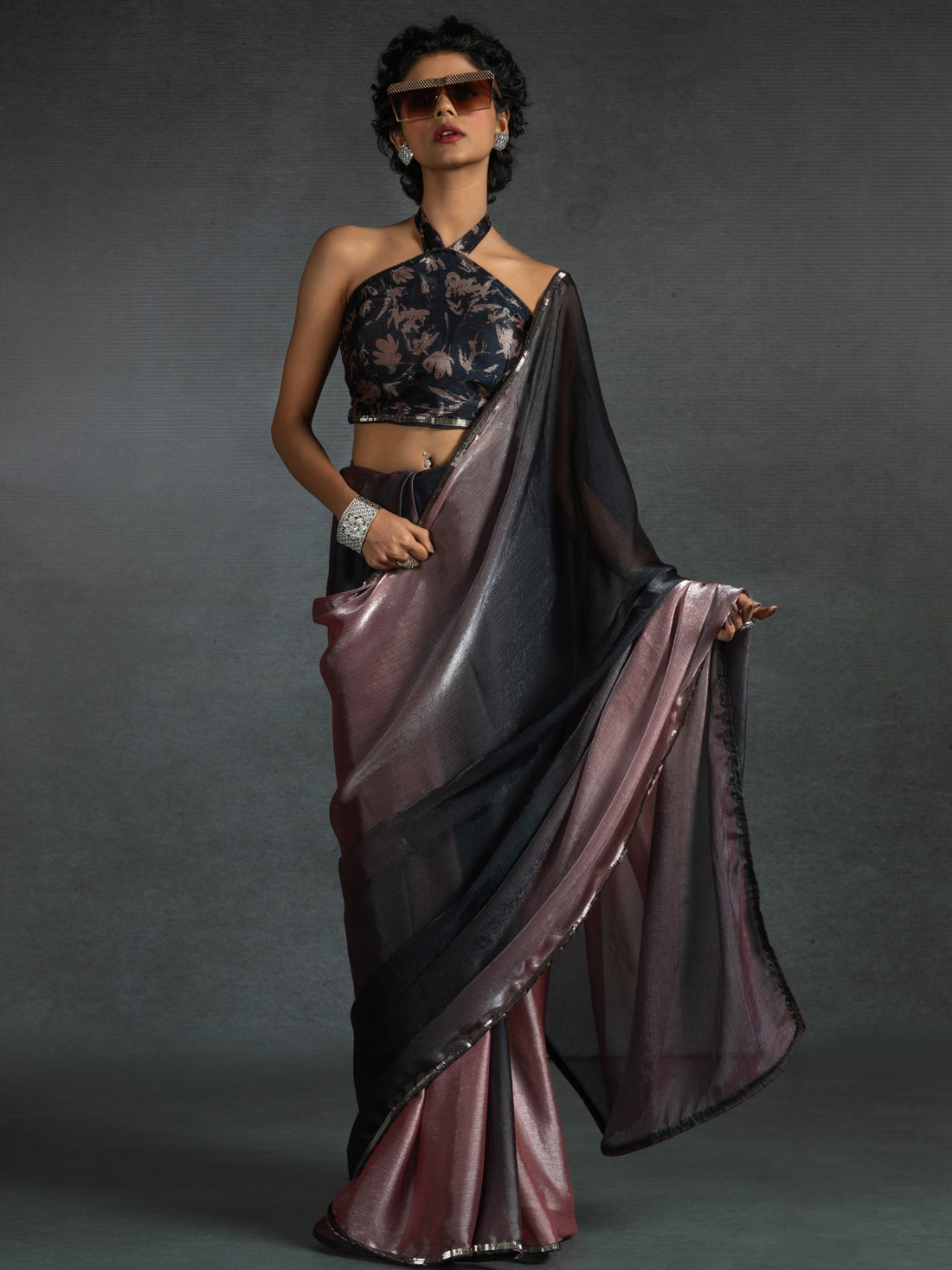 Dazzling Rose Gold Satin Reception Wear Pre-Stitched Saree With Blouse
