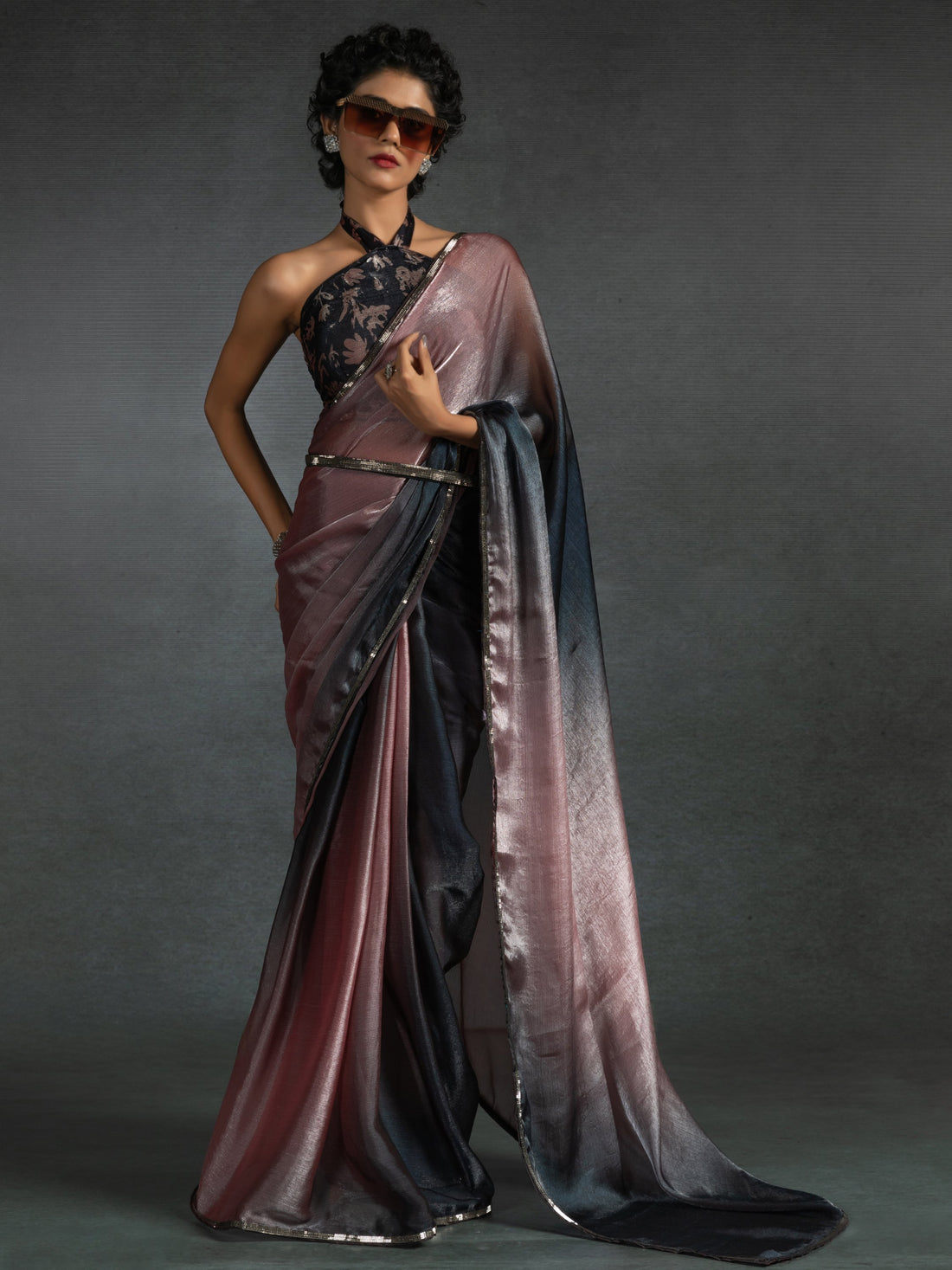 Dazzling Rose Gold Satin Reception Wear Pre-Stitched Saree With Blouse