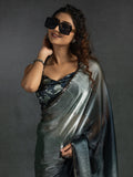 Attractive Grey & Blue Satin Designer Pre-Stitched Saree With Blouse