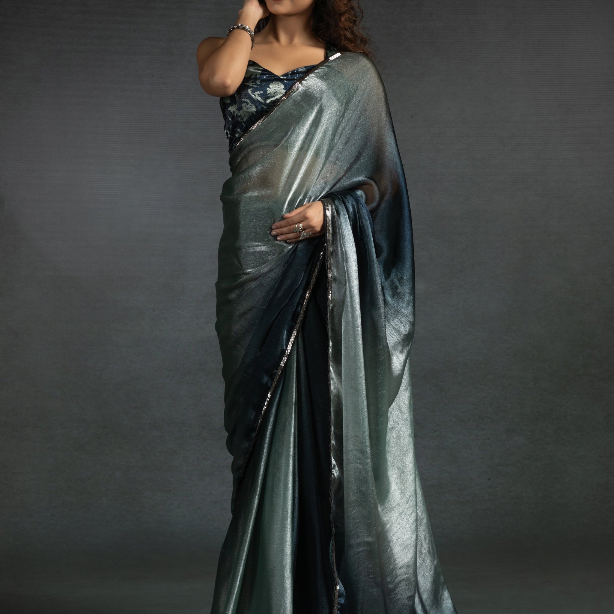 Attractive Grey & Blue Satin Designer Pre-Stitched Saree With Blouse