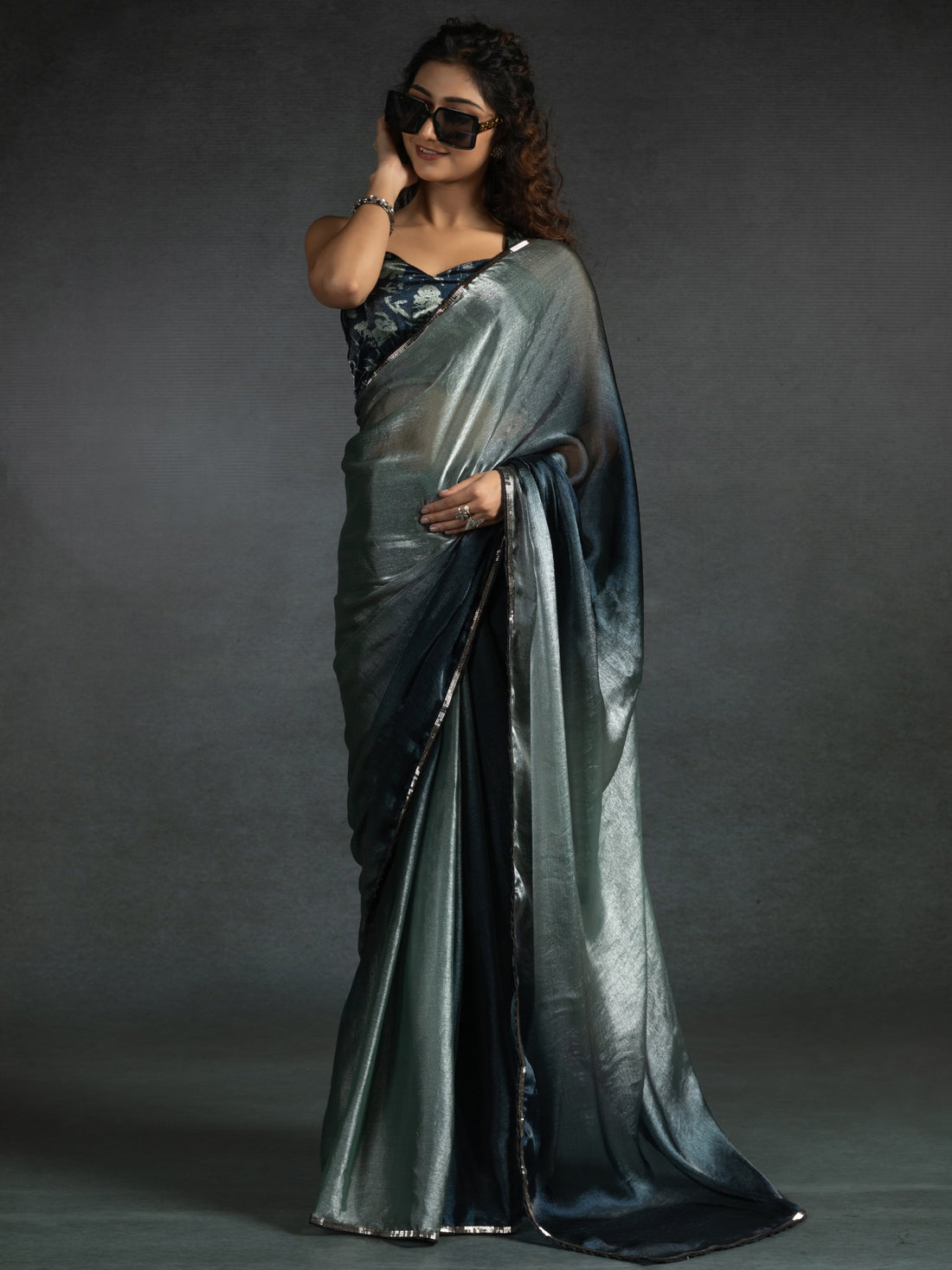 Attractive Grey & Blue Satin Designer Pre-Stitched Saree With Blouse