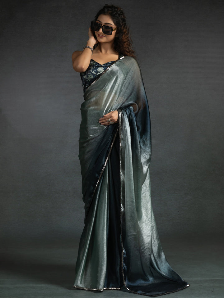 Attractive Grey & Blue Satin Designer Pre-Stitched Saree With Blouse