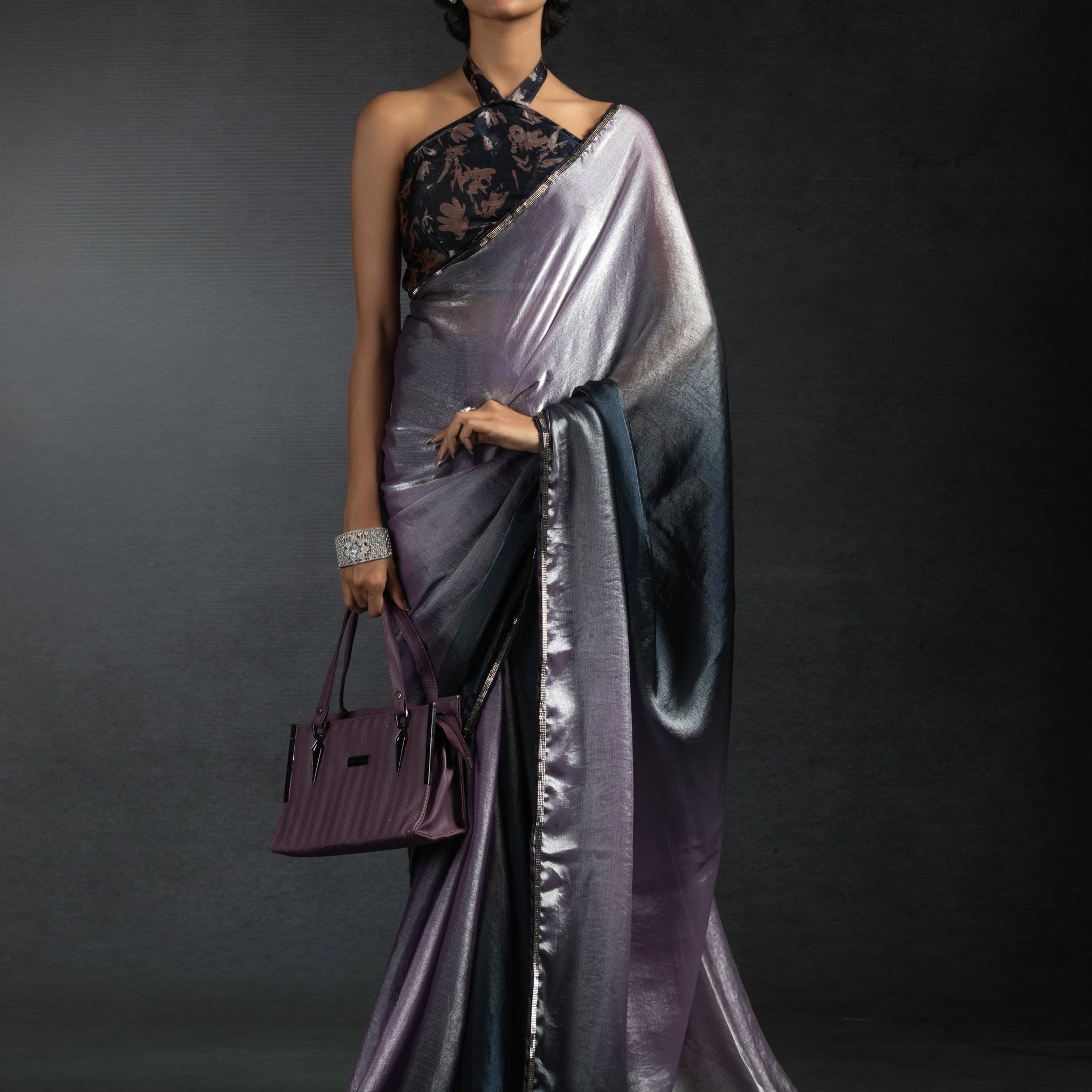Beautiful Lavender Satin Bollywood Pre-Stitched Saree With Blouse