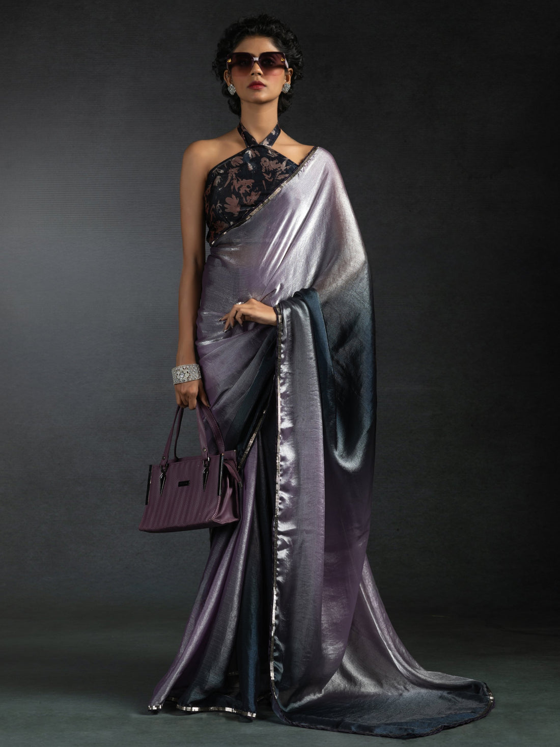 Beautiful Lavender Satin Bollywood Pre-Stitched Saree With Blouse