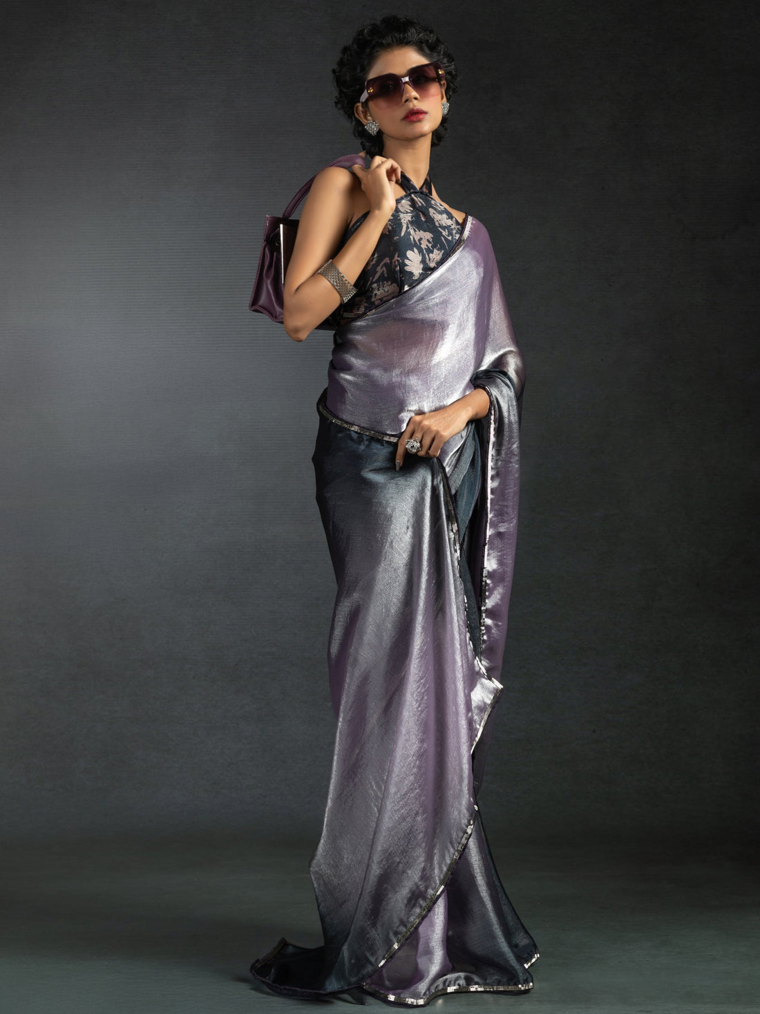 Beautiful Lavender Satin Bollywood Pre-Stitched Saree With Blouse