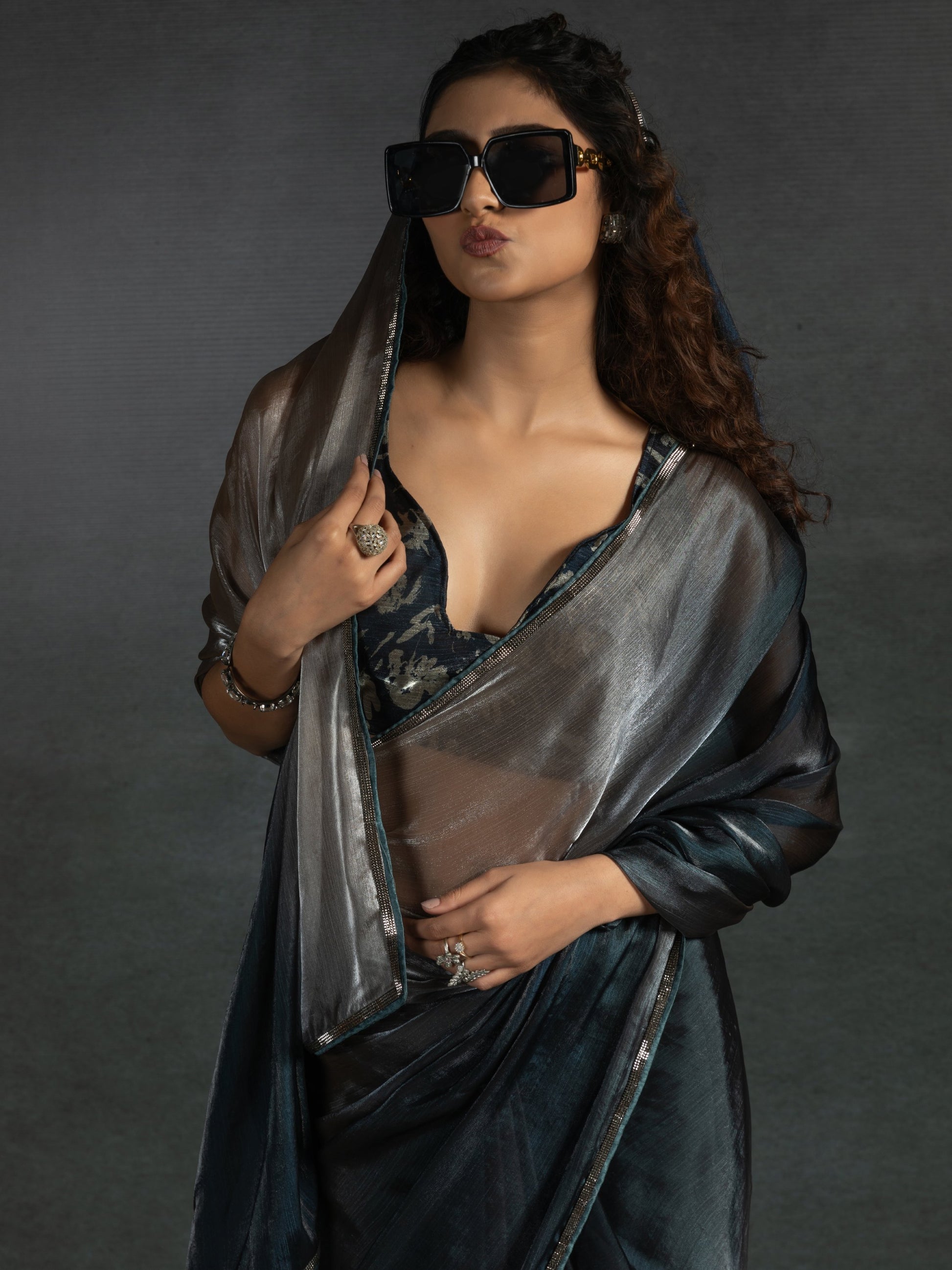Amazing Brown Satin Cocktail Wear Pre-Stitched Saree With Blouse