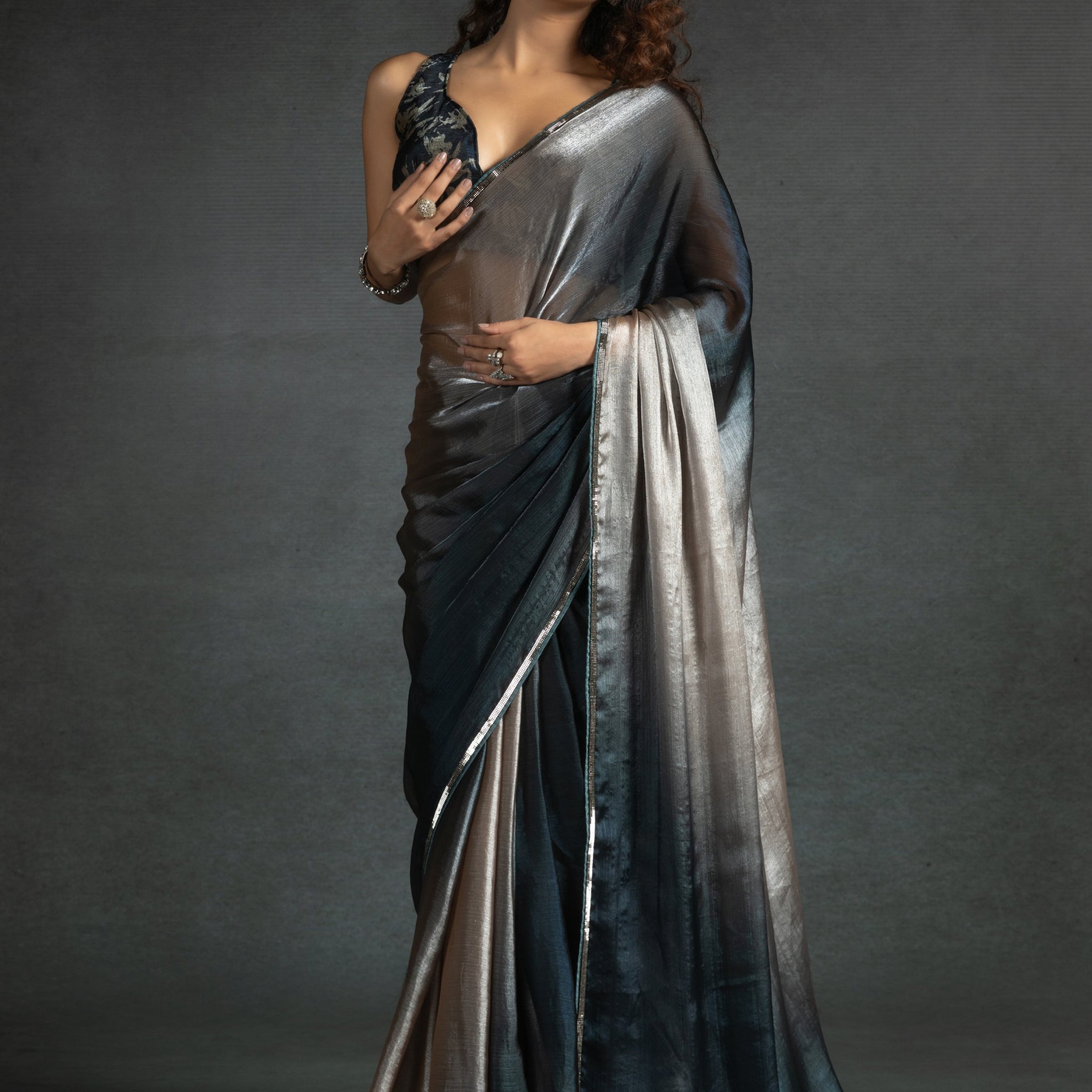 Amazing Brown Satin Cocktail Wear Pre-Stitched Saree With Blouse