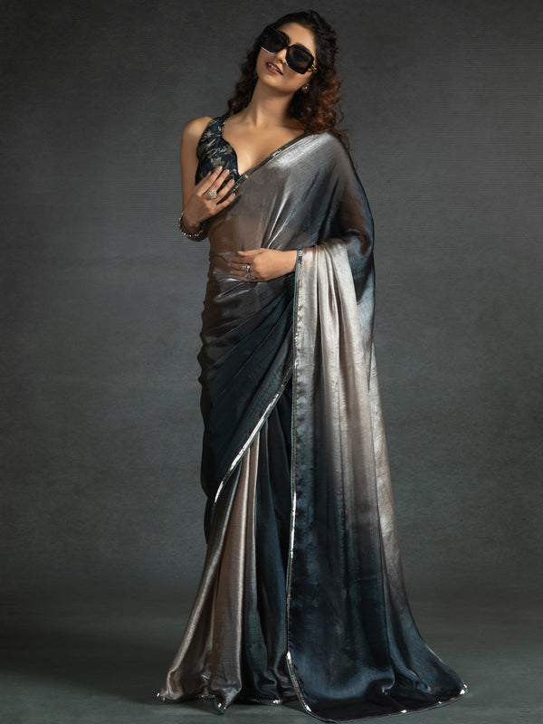 Amazing Brown Satin Cocktail Wear Pre-Stitched Saree With Blouse