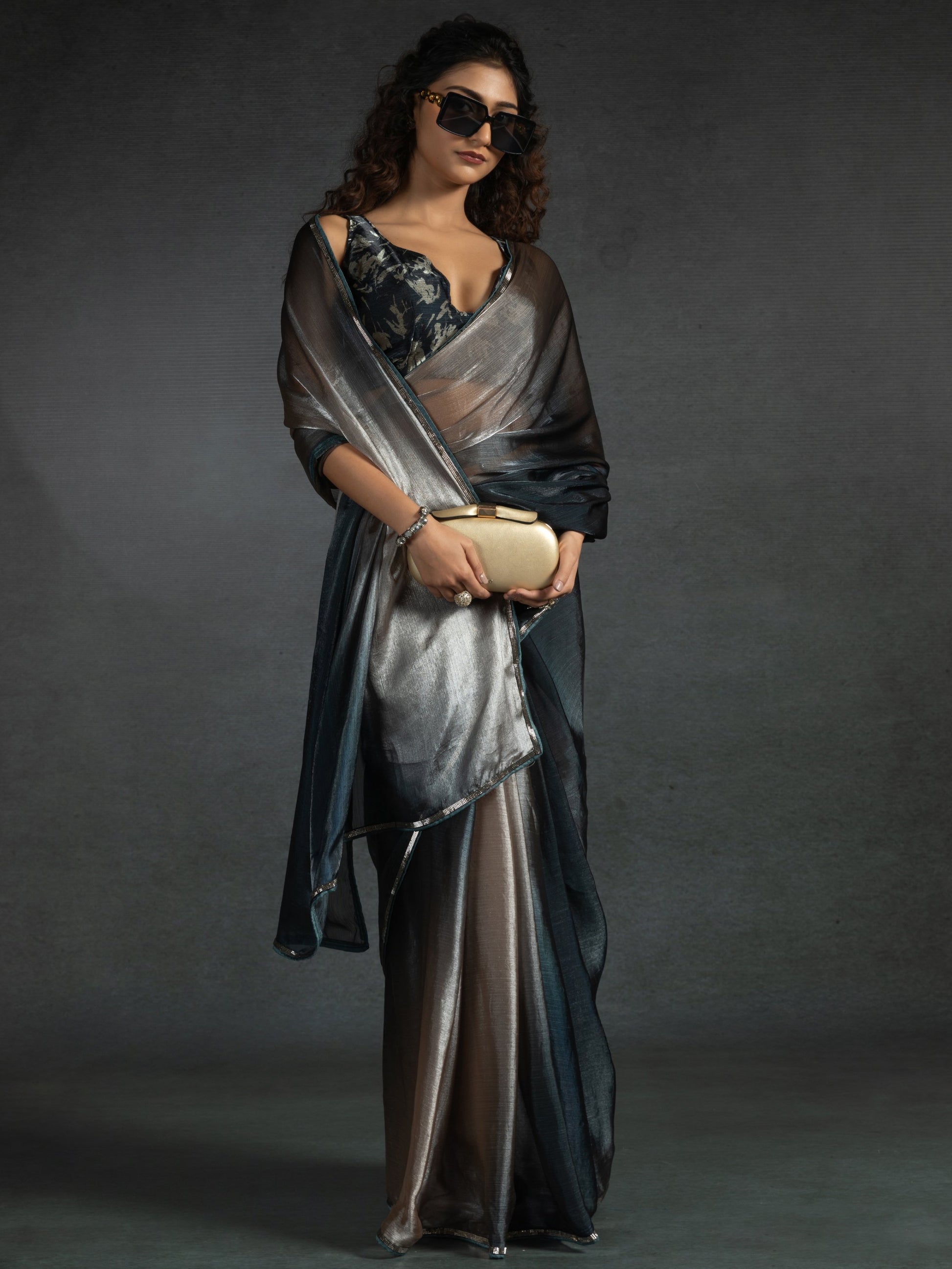 Amazing Brown Satin Cocktail Wear Pre-Stitched Saree With Blouse