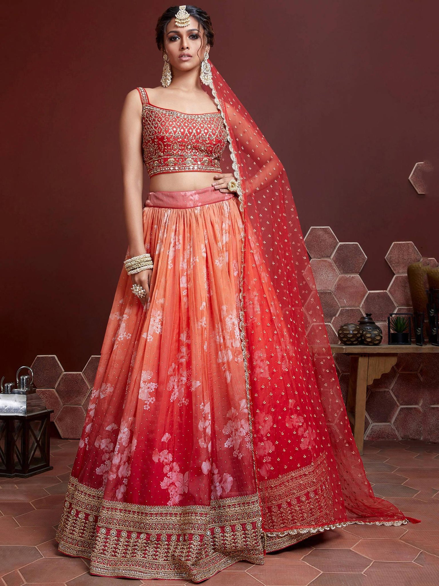 Astonishing Orange Digital Printed Organza Silk Lehenga Choli