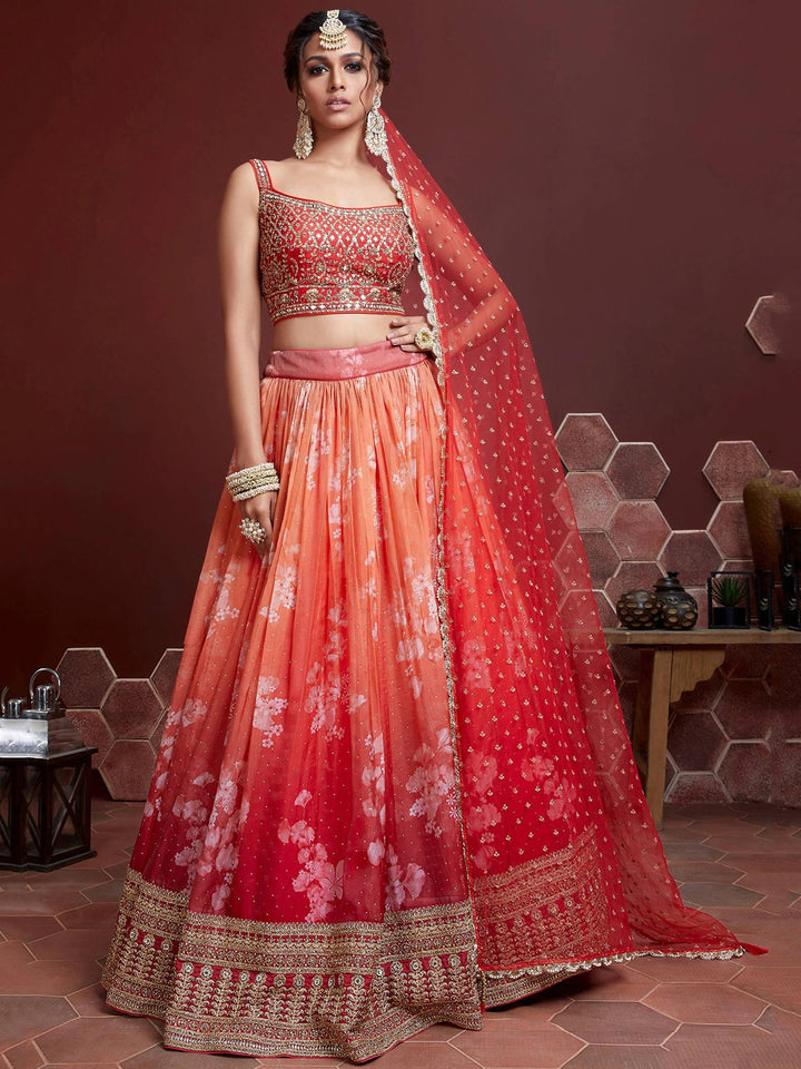 Astonishing Orange Digital Printed Organza Silk Lehenga Choli