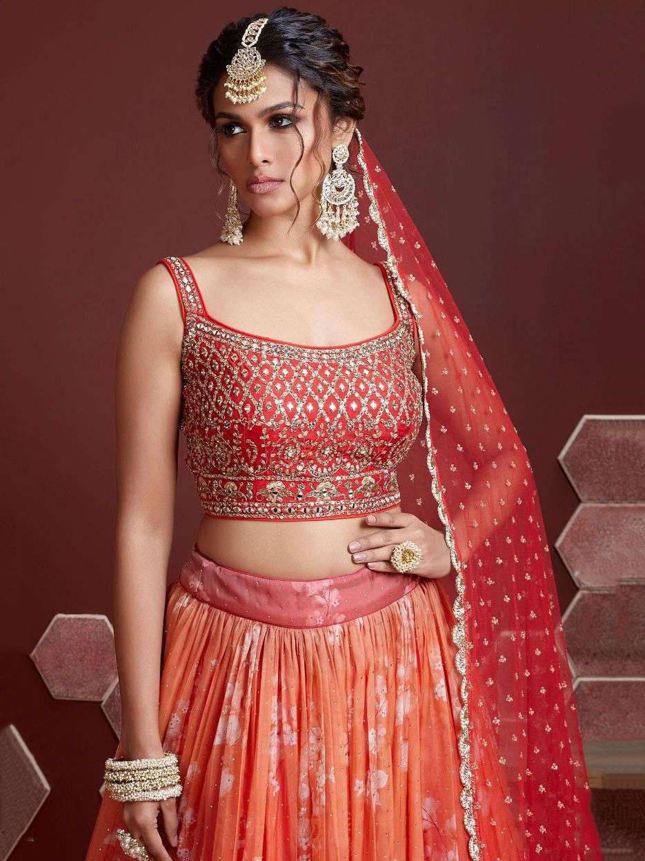 Astonishing Orange Digital Printed Organza Silk Lehenga Choli