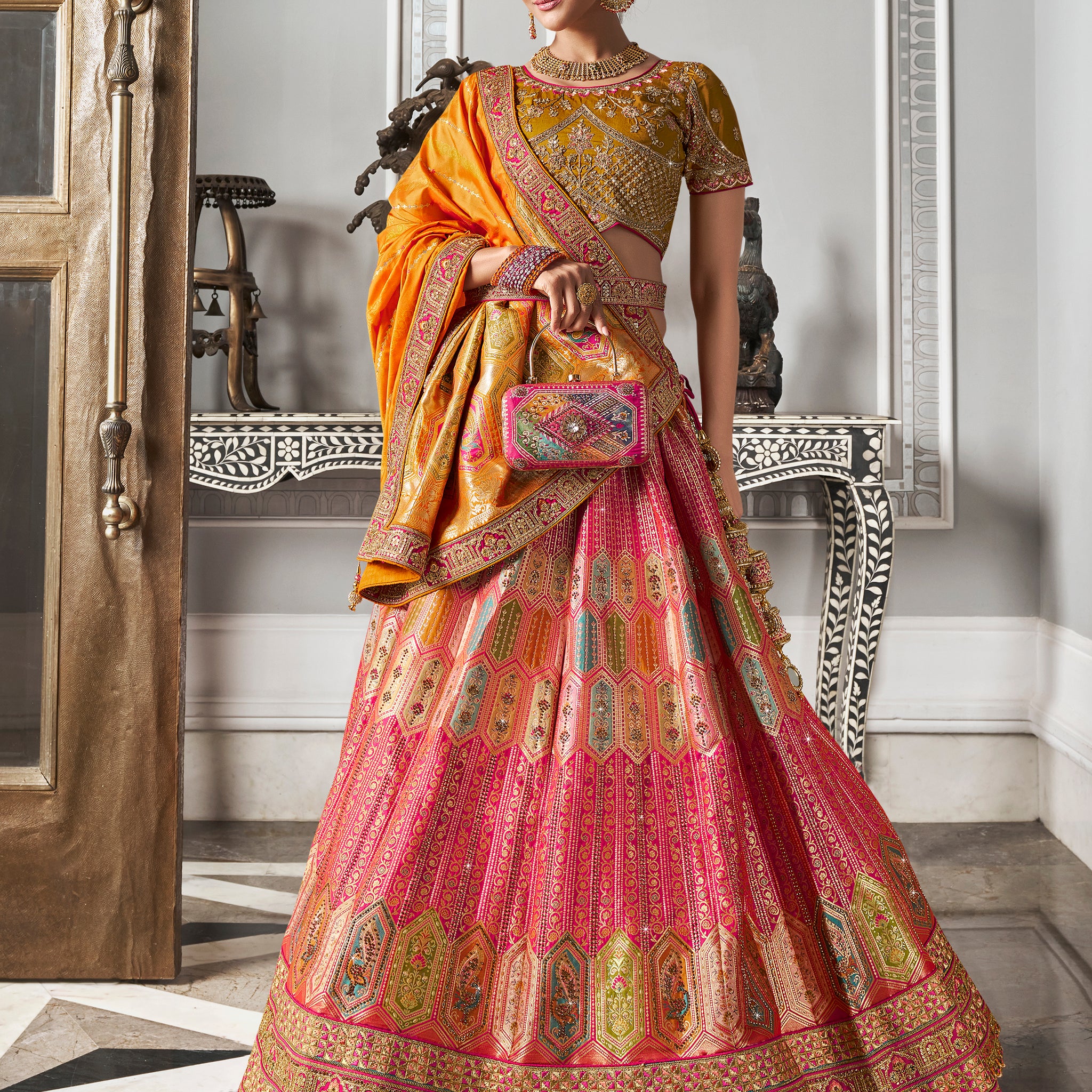Alluring Pink Zari Weaving Banarasi Silk Wedding Wear Lehenga Choli