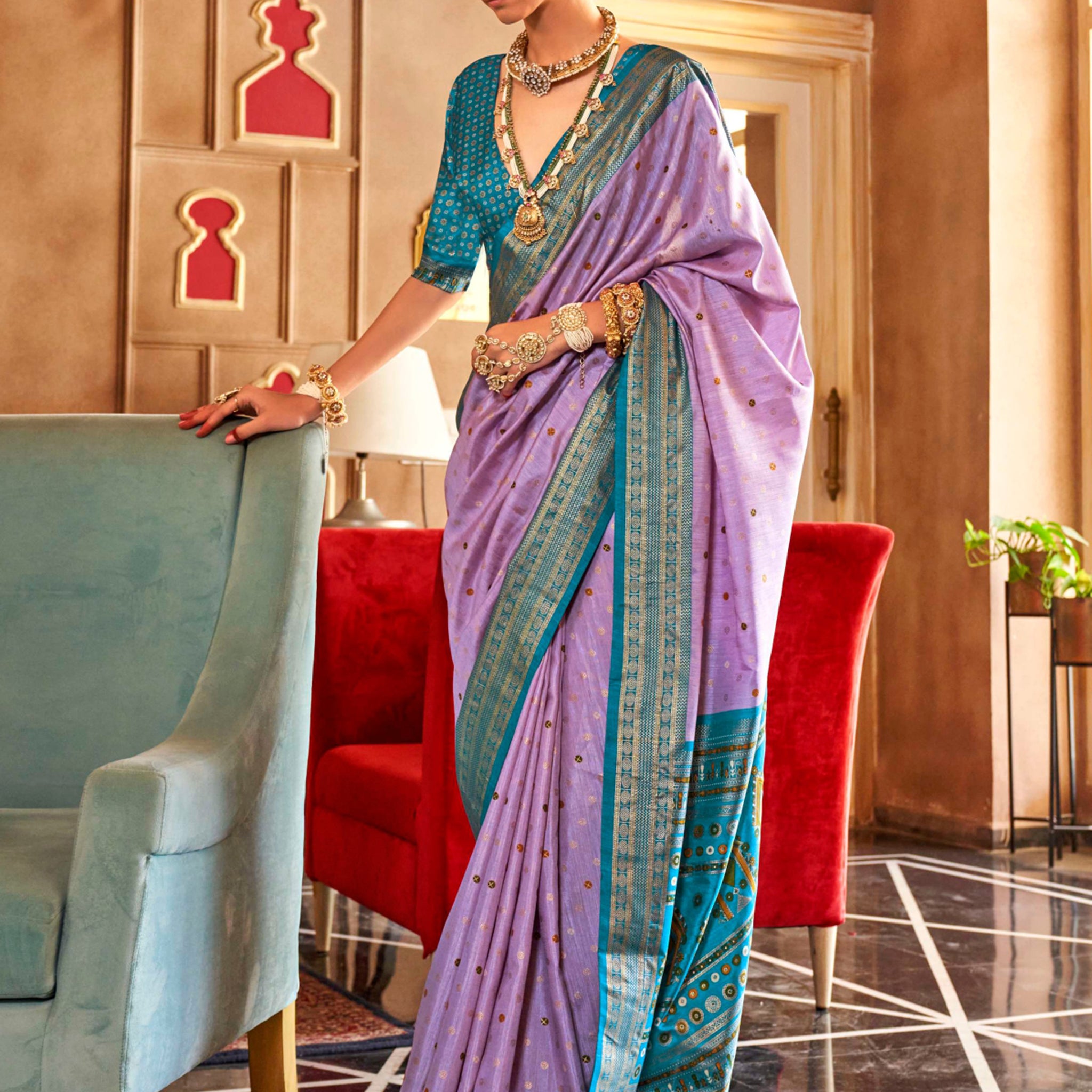 Stunning Lavender Weaving Patola Silk Event Wear Saree With Blouse