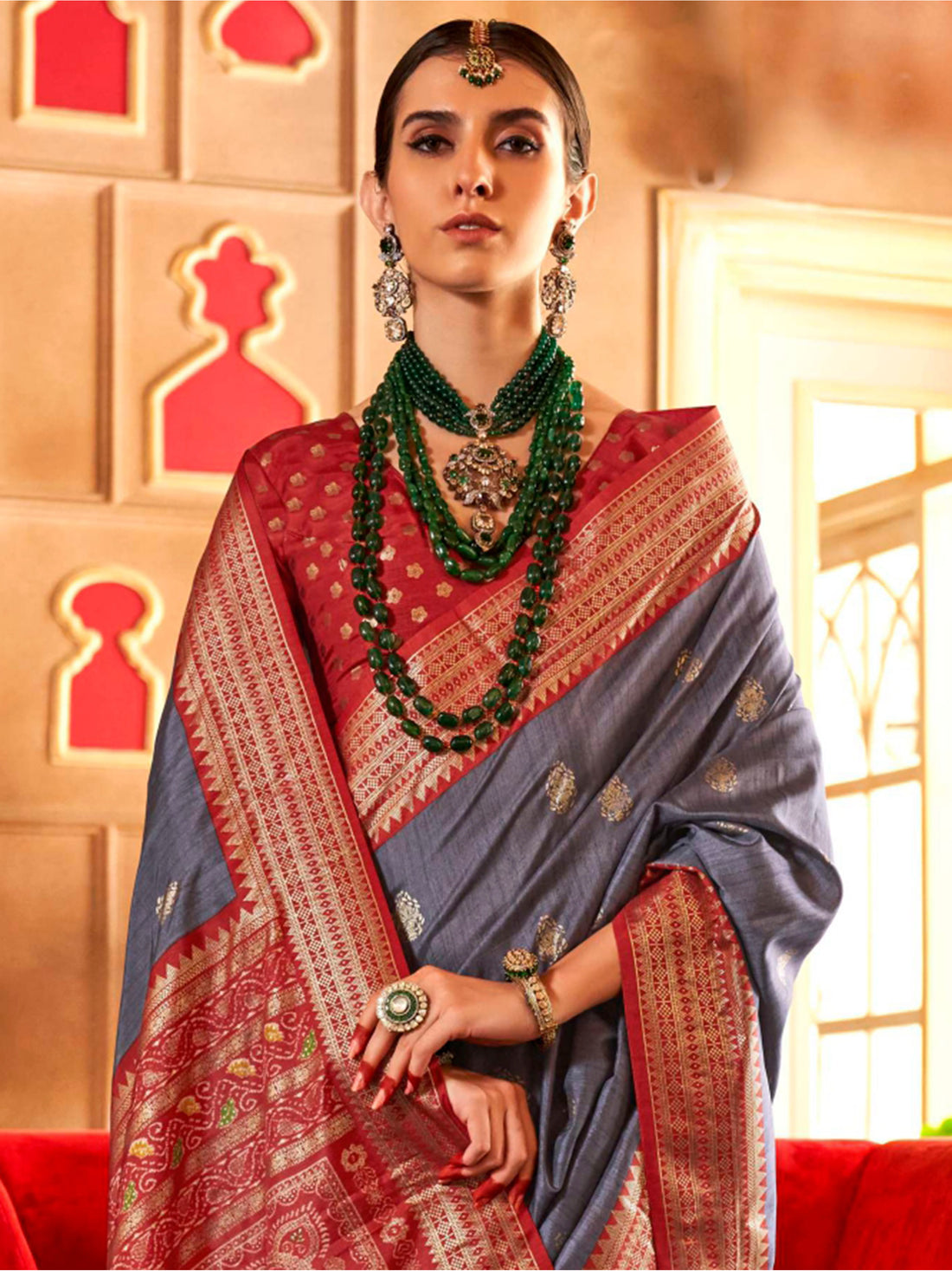 Attractive Grey Zari Weaving Patola Silk Saree With Blouse