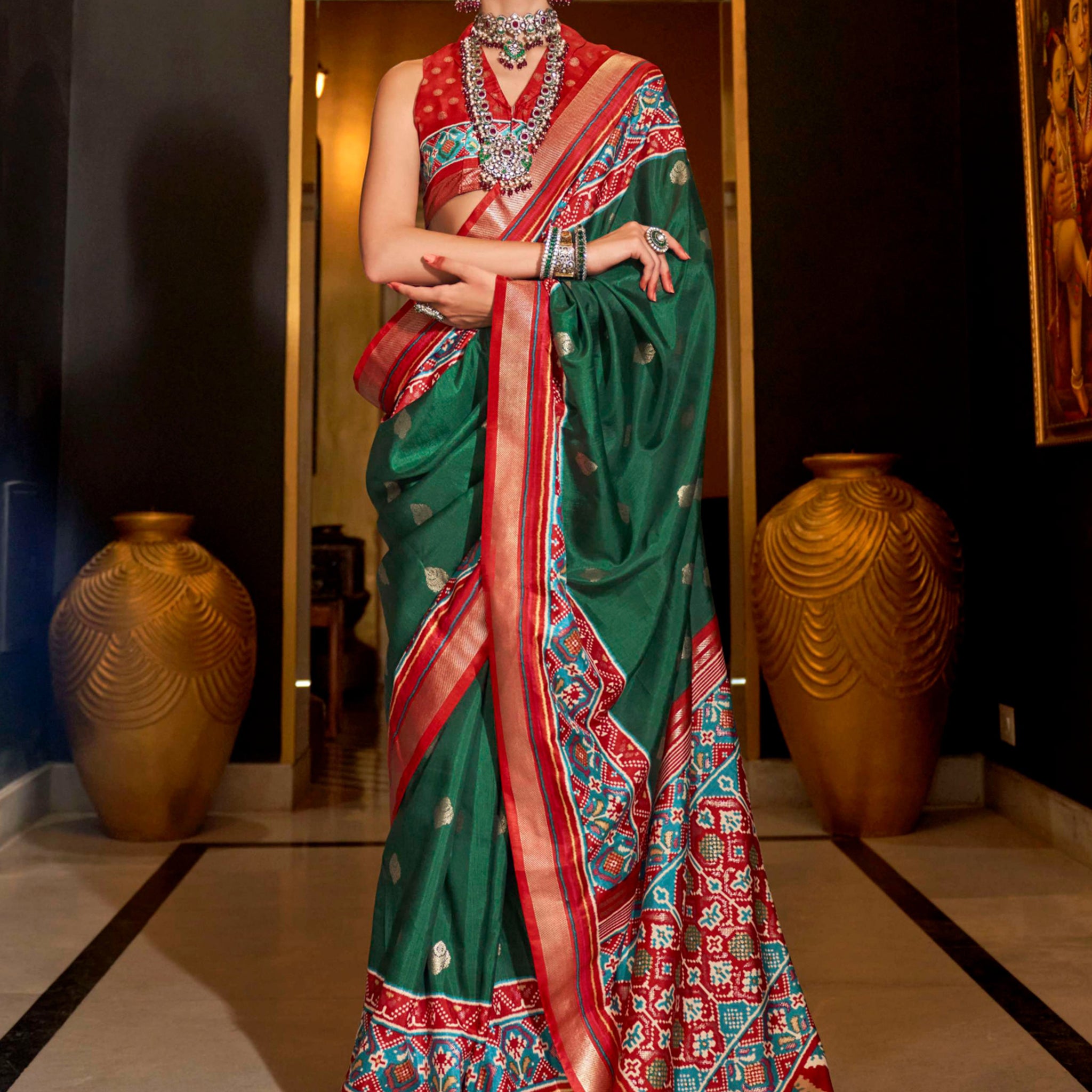 Beautiful Green Patola Printed Silk Event Wear Saree With Blouse