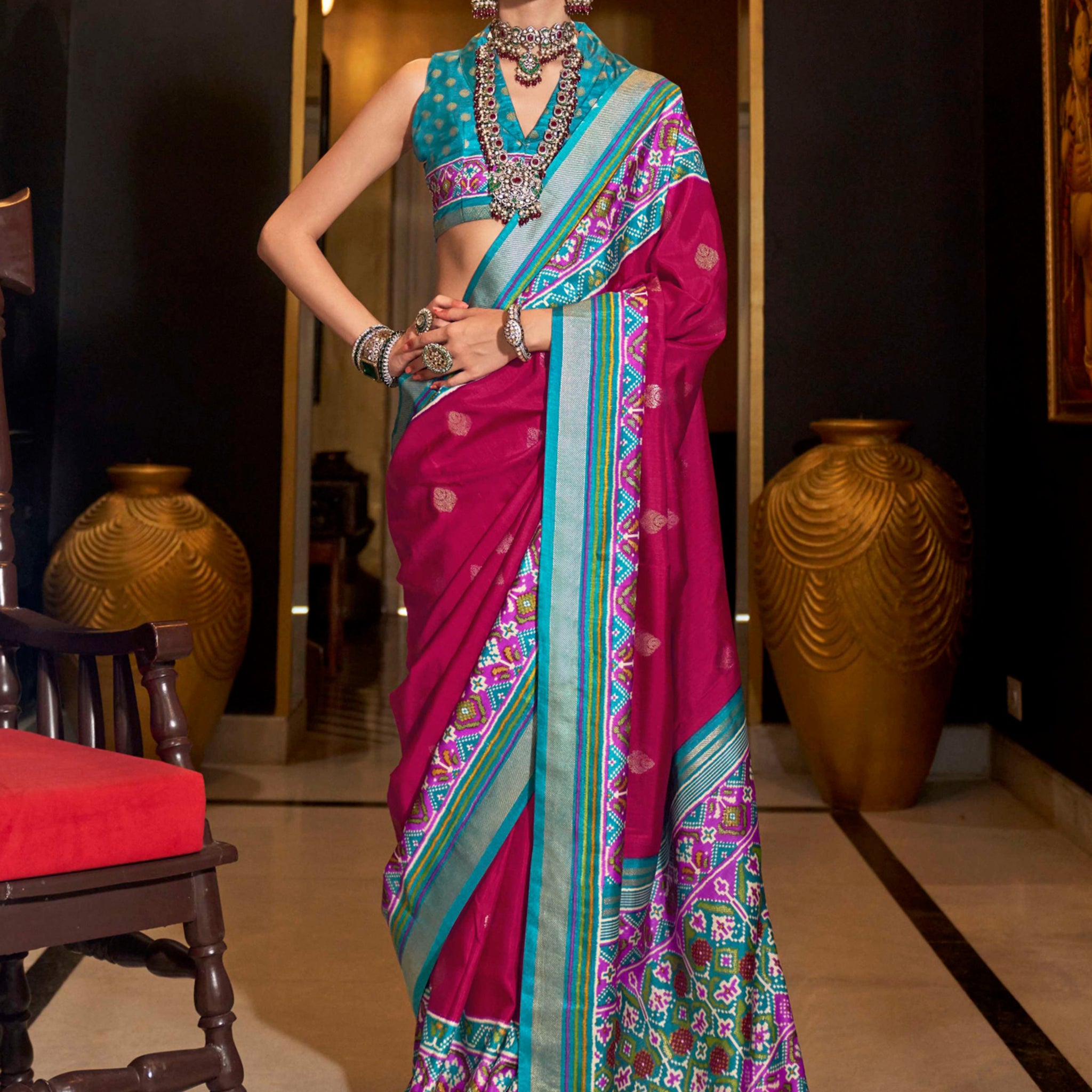 Stunning Dark Pink Patola Printed Silk Traditional Saree With Blouse