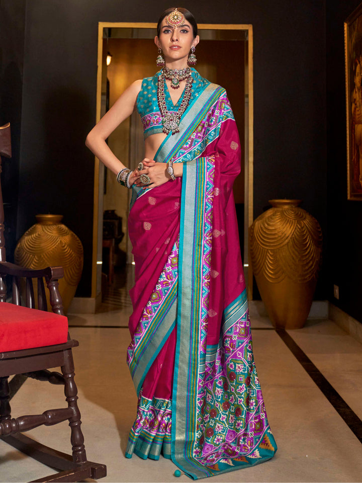 Stunning Dark Pink Patola Printed Silk Traditional Saree With Blouse