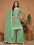 Impressive Pista Green Embroidered Chinon Function Wear Salwar Suit With Dupatta