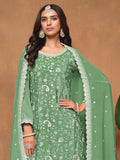 Impressive Pista Green Embroidered Chinon Function Wear Salwar Suit With Dupatta