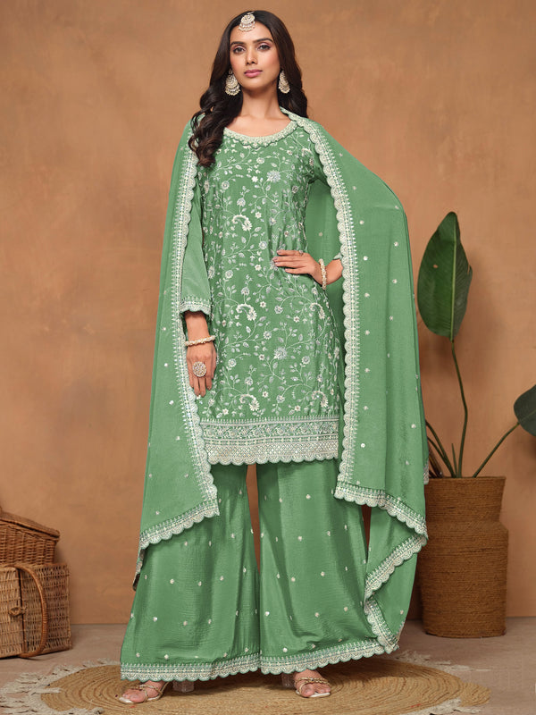 Impressive Pista Green Embroidered Chinon Function Wear Salwar Suit With Dupatta