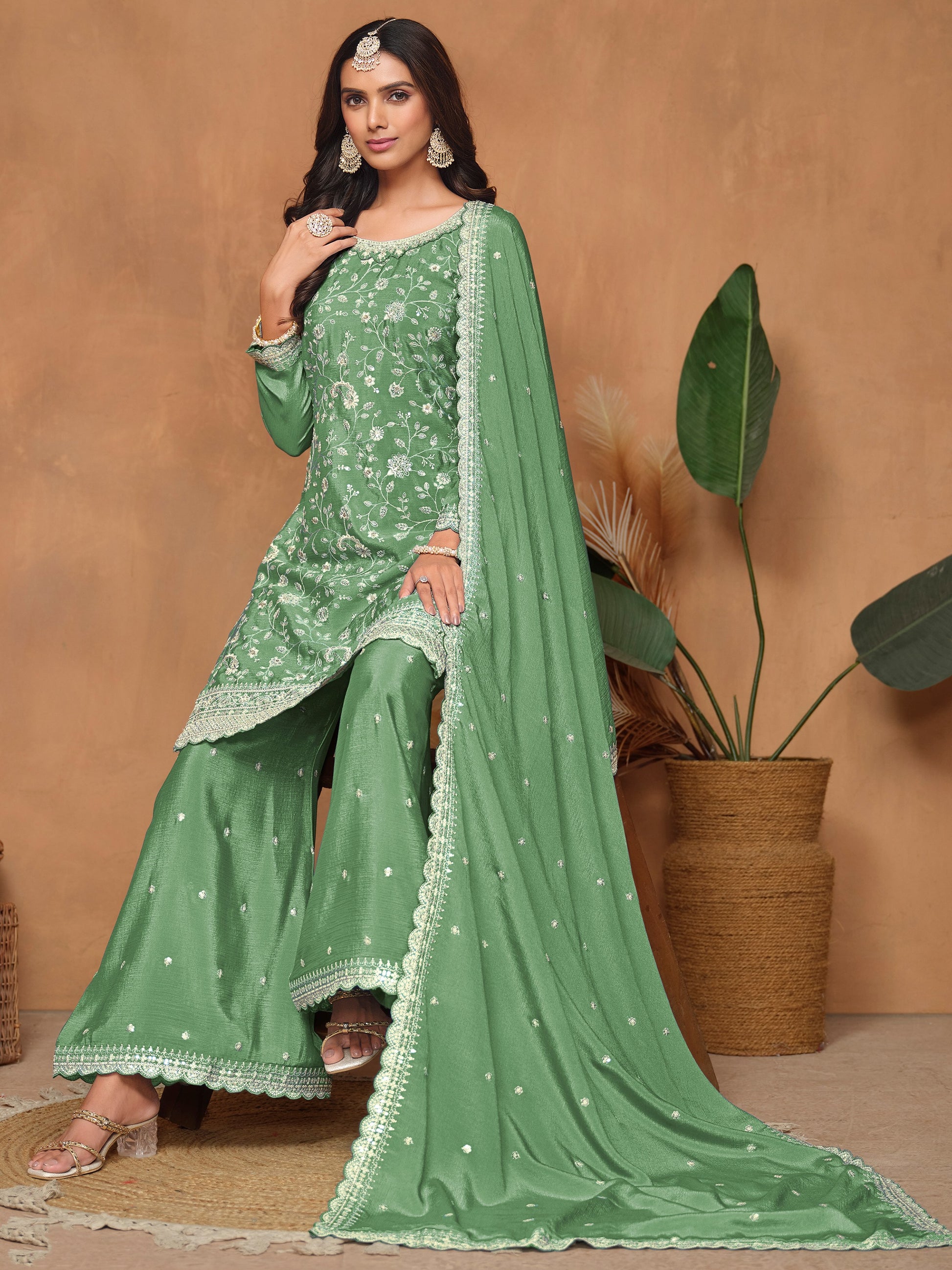 Impressive Pista Green Embroidered Chinon Function Wear Salwar Suit With Dupatta