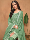 Impressive Pista Green Embroidered Chinon Function Wear Salwar Suit With Dupatta