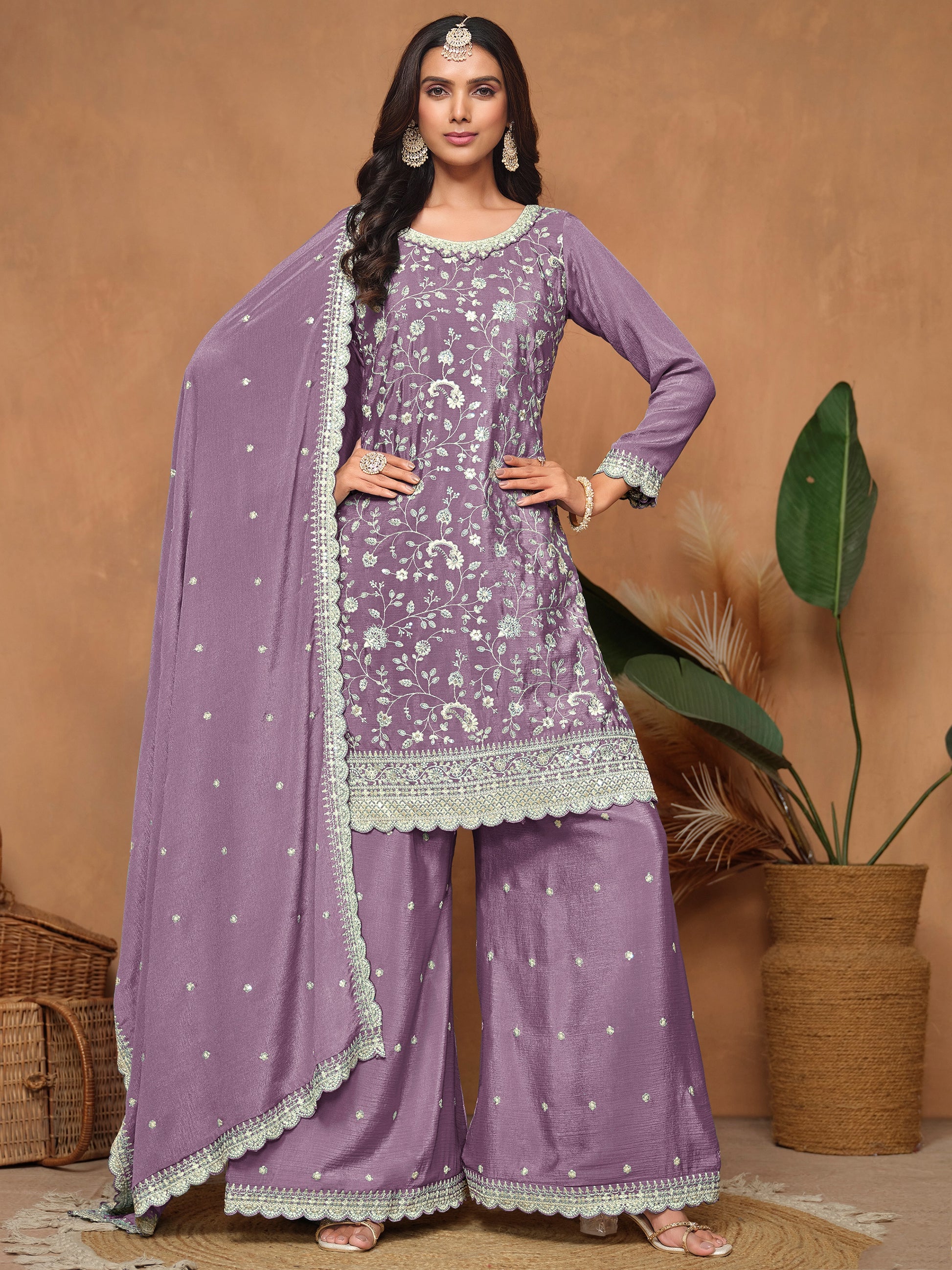 Gorgeous Lavender Sequin Work Chinon Festival Wear Salwar Suit With Dupatta