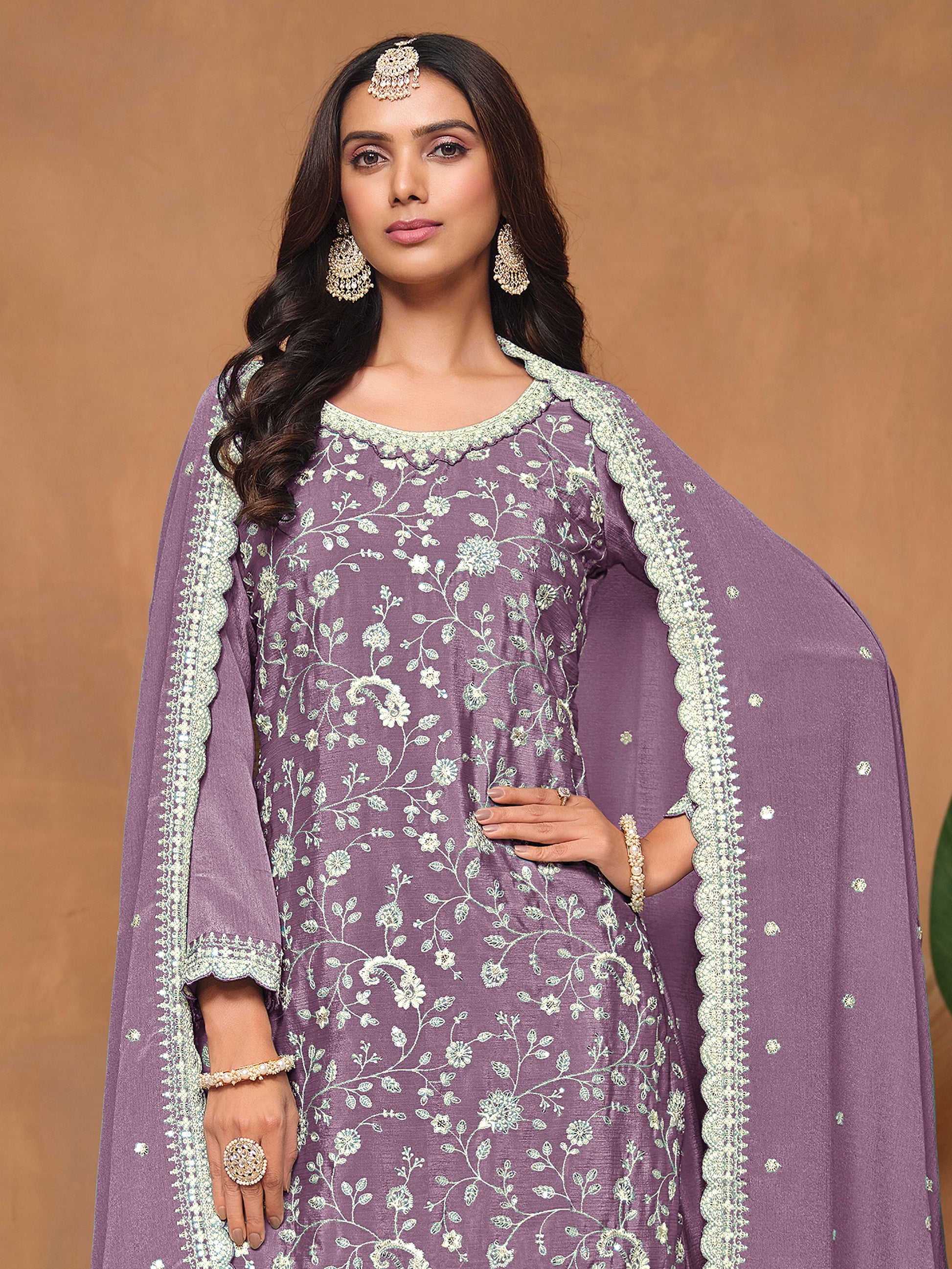 Gorgeous Lavender Sequin Work Chinon Festival Wear Salwar Suit With Dupatta
