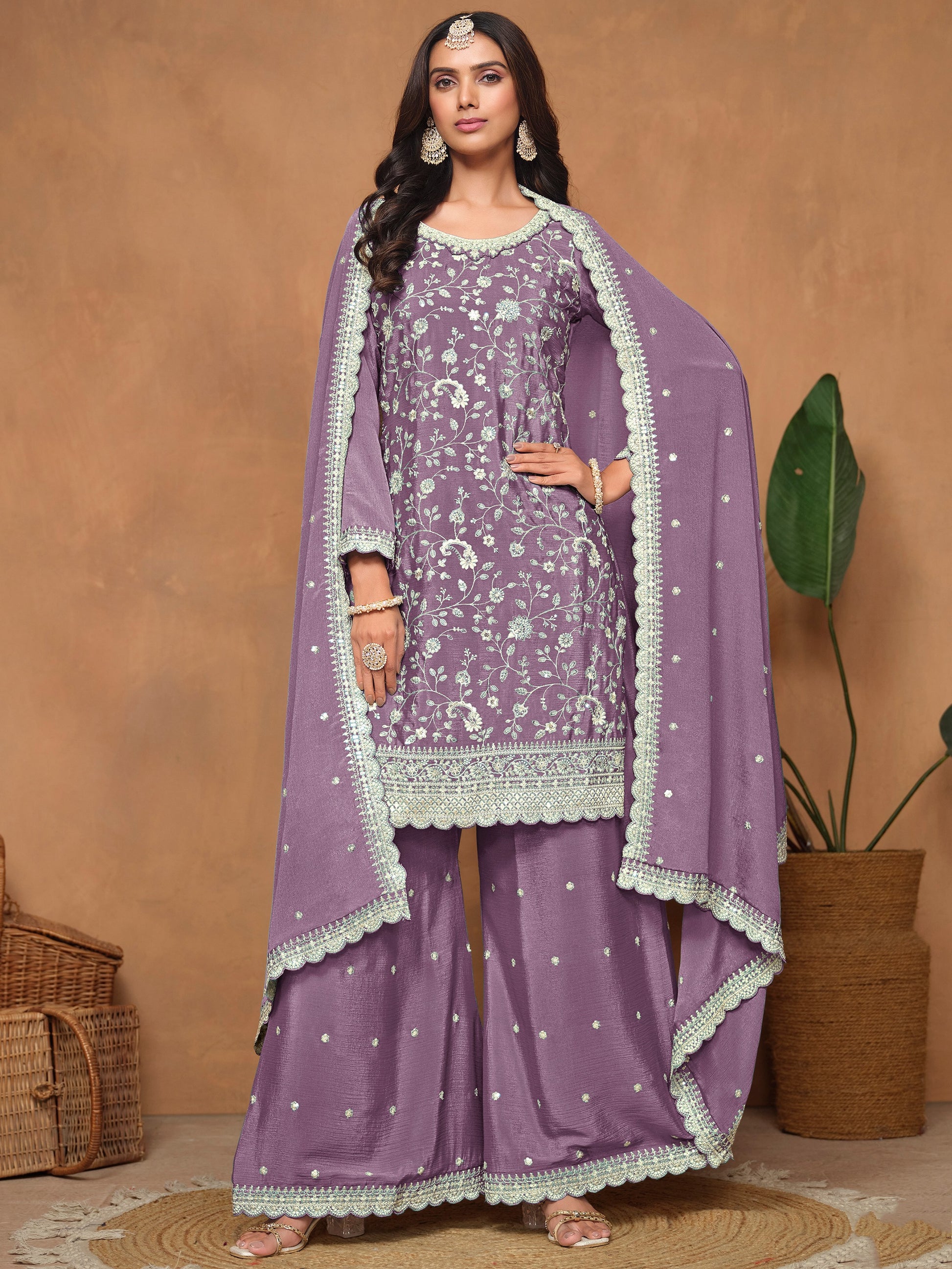 Gorgeous Lavender Sequin Work Chinon Festival Wear Salwar Suit With Dupatta