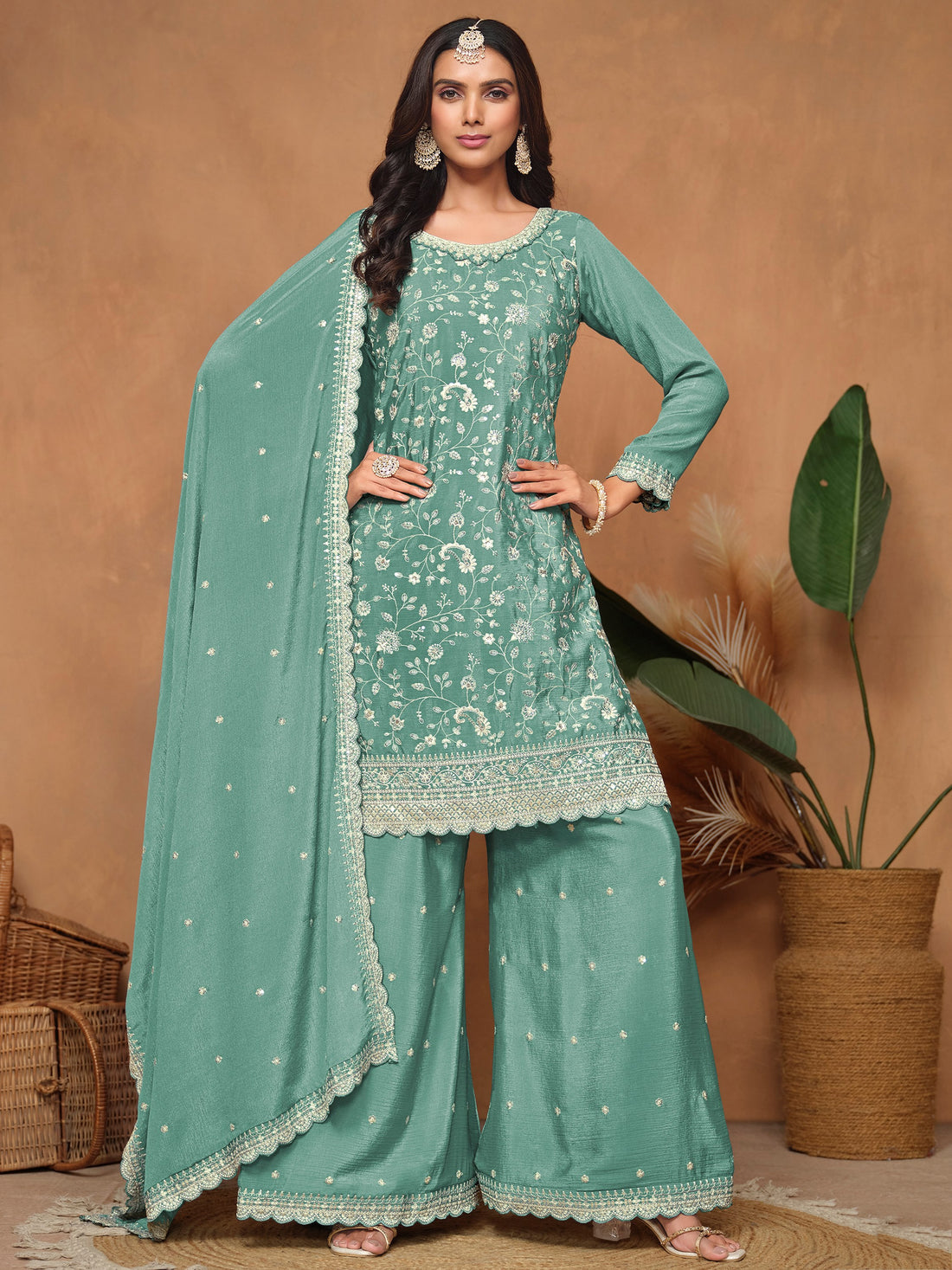Glowing Sea Green Embroidered Chinon Festival Wear Salwar Suit With Dupatta