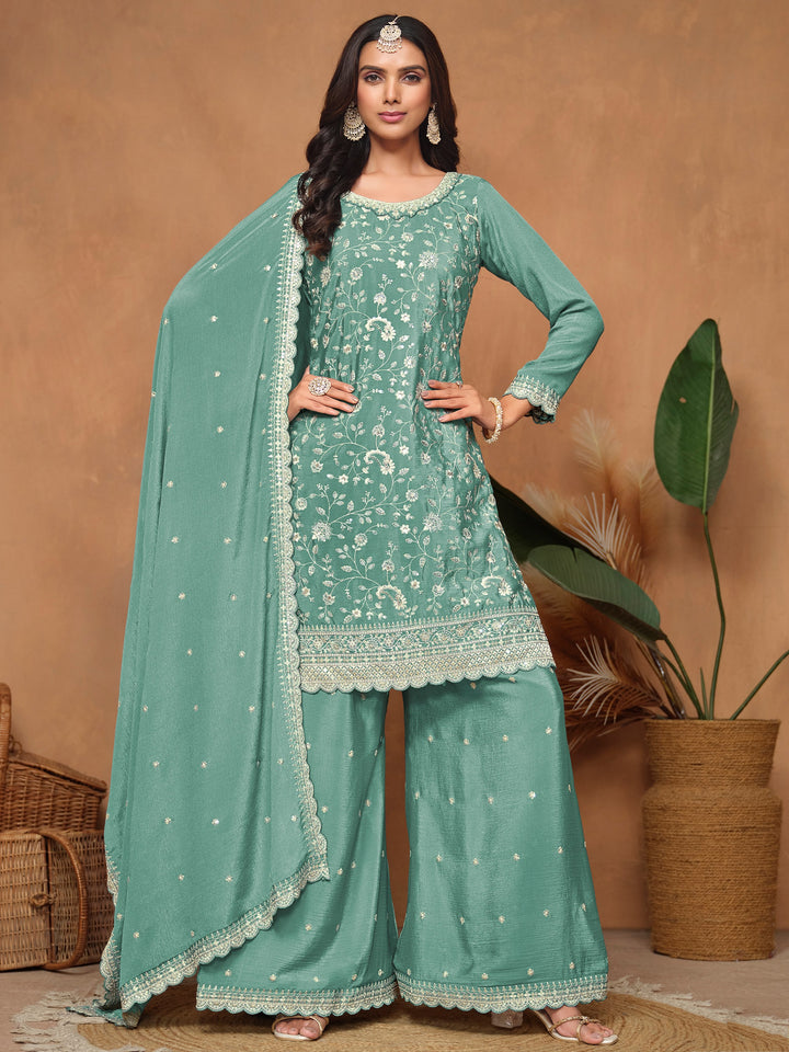 Glowing Sea Green Embroidered Chinon Festival Wear Salwar Suit With Dupatta