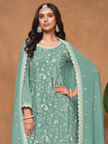 Glowing Sea Green Embroidered Chinon Festival Wear Salwar Suit With Dupatta