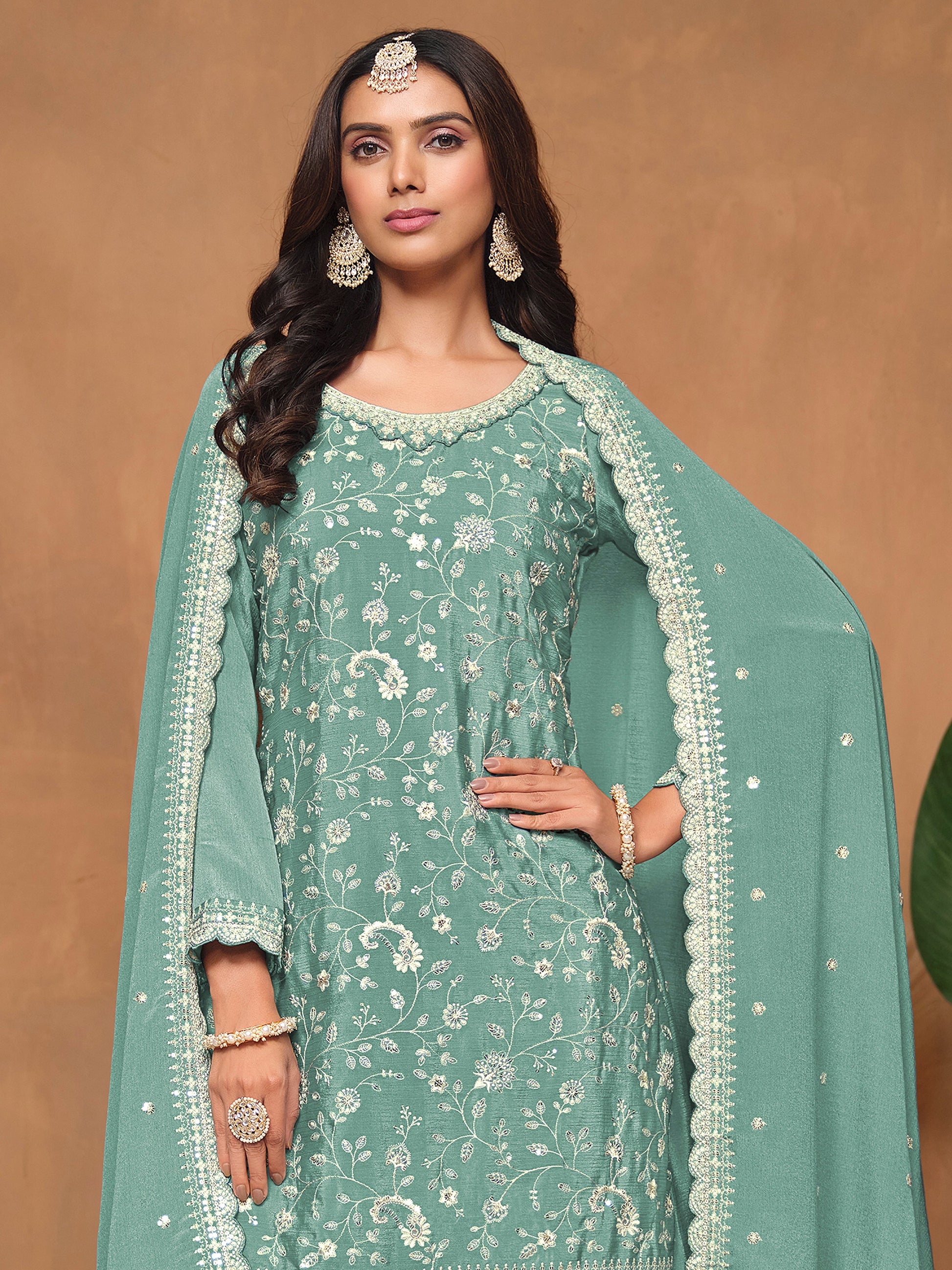 Glowing Sea Green Embroidered Chinon Festival Wear Salwar Suit With Dupatta