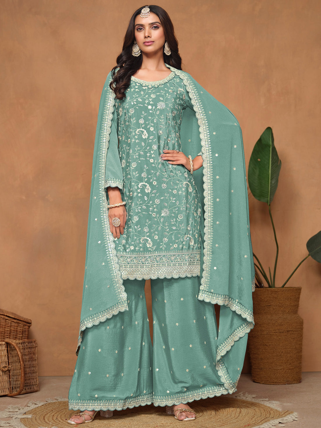 Glowing Sea Green Embroidered Chinon Festival Wear Salwar Suit With Dupatta