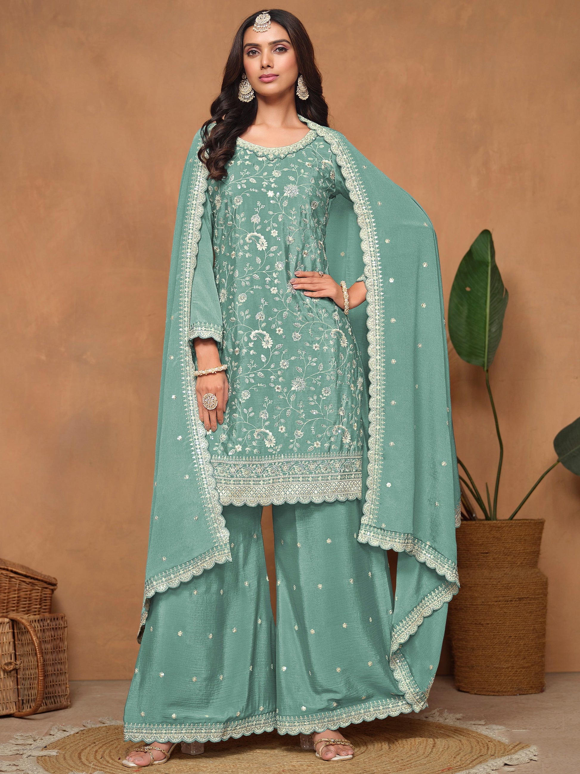 Glowing Sea Green Embroidered Chinon Festival Wear Salwar Suit With Dupatta