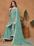 Glowing Sea Green Embroidered Chinon Festival Wear Salwar Suit With Dupatta