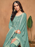 Glowing Sea Green Embroidered Chinon Festival Wear Salwar Suit With Dupatta