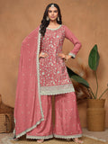 Incredible Dusty Pink Embroidered Chinon Traditional Wear Salwar Suit With Dupatta
