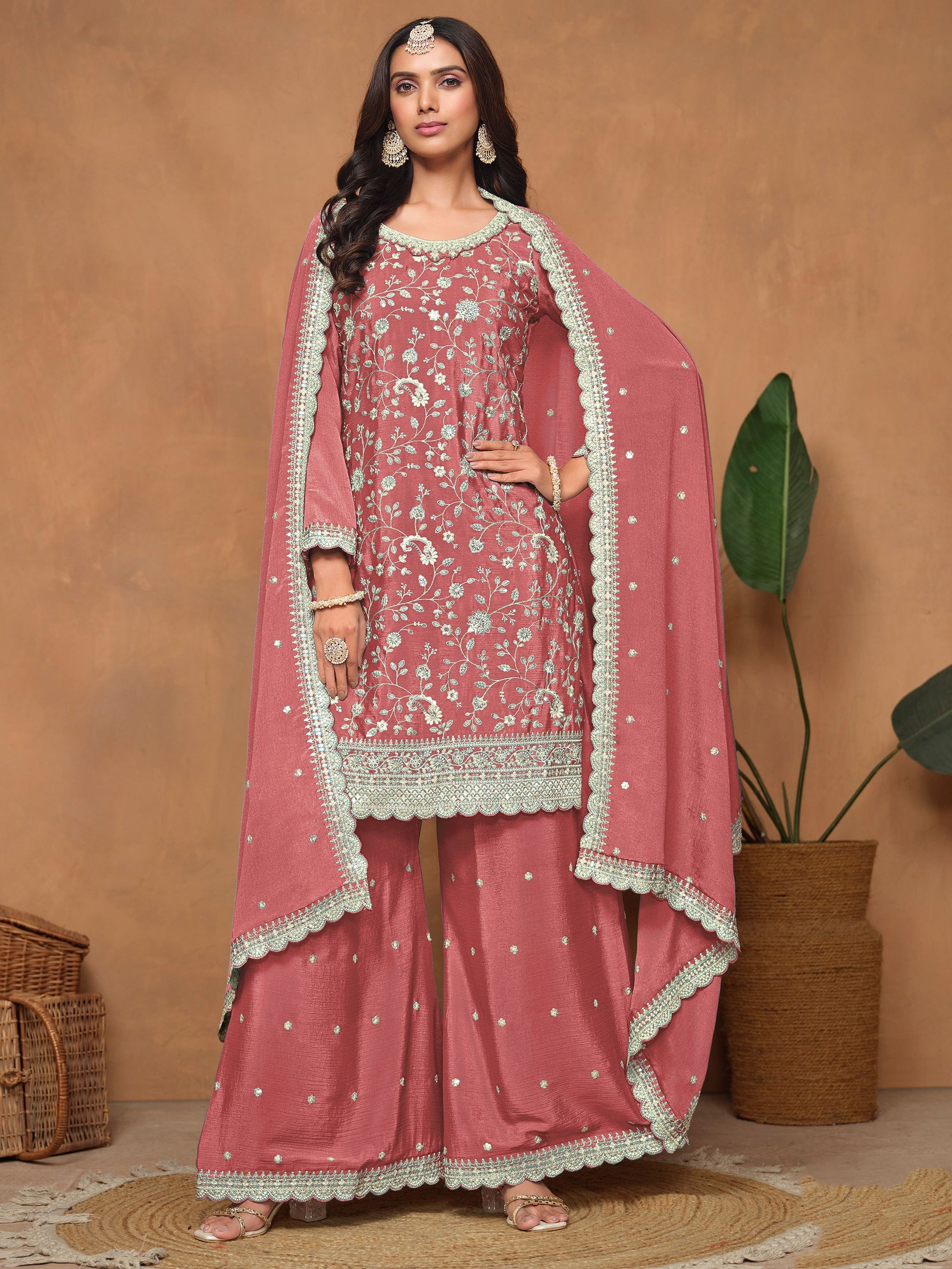 Incredible Dusty Pink Embroidered Chinon Traditional Wear Salwar Suit With Dupatta