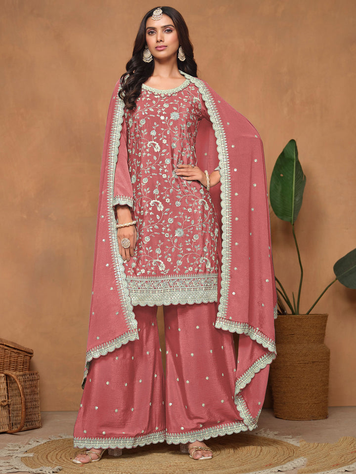 Incredible Dusty Pink Embroidered Chinon Traditional Wear Salwar Suit With Dupatta