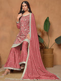 Incredible Dusty Pink Embroidered Chinon Traditional Wear Salwar Suit With Dupatta