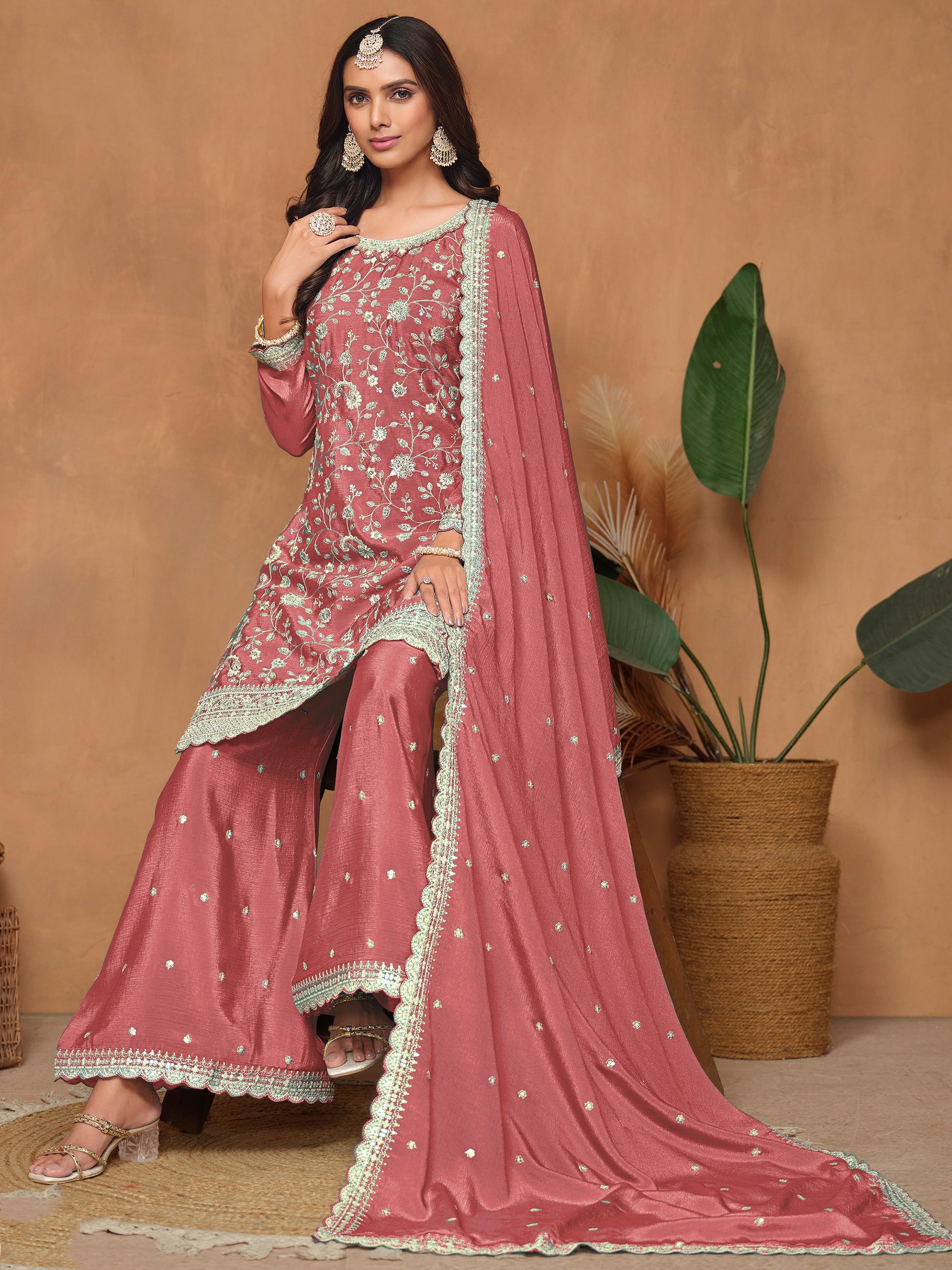 Incredible Dusty Pink Embroidered Chinon Traditional Wear Salwar Suit With Dupatta
