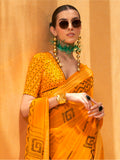 Alluring Yellow Foil Printed Georgette Haldi Wear Saree With Blouse