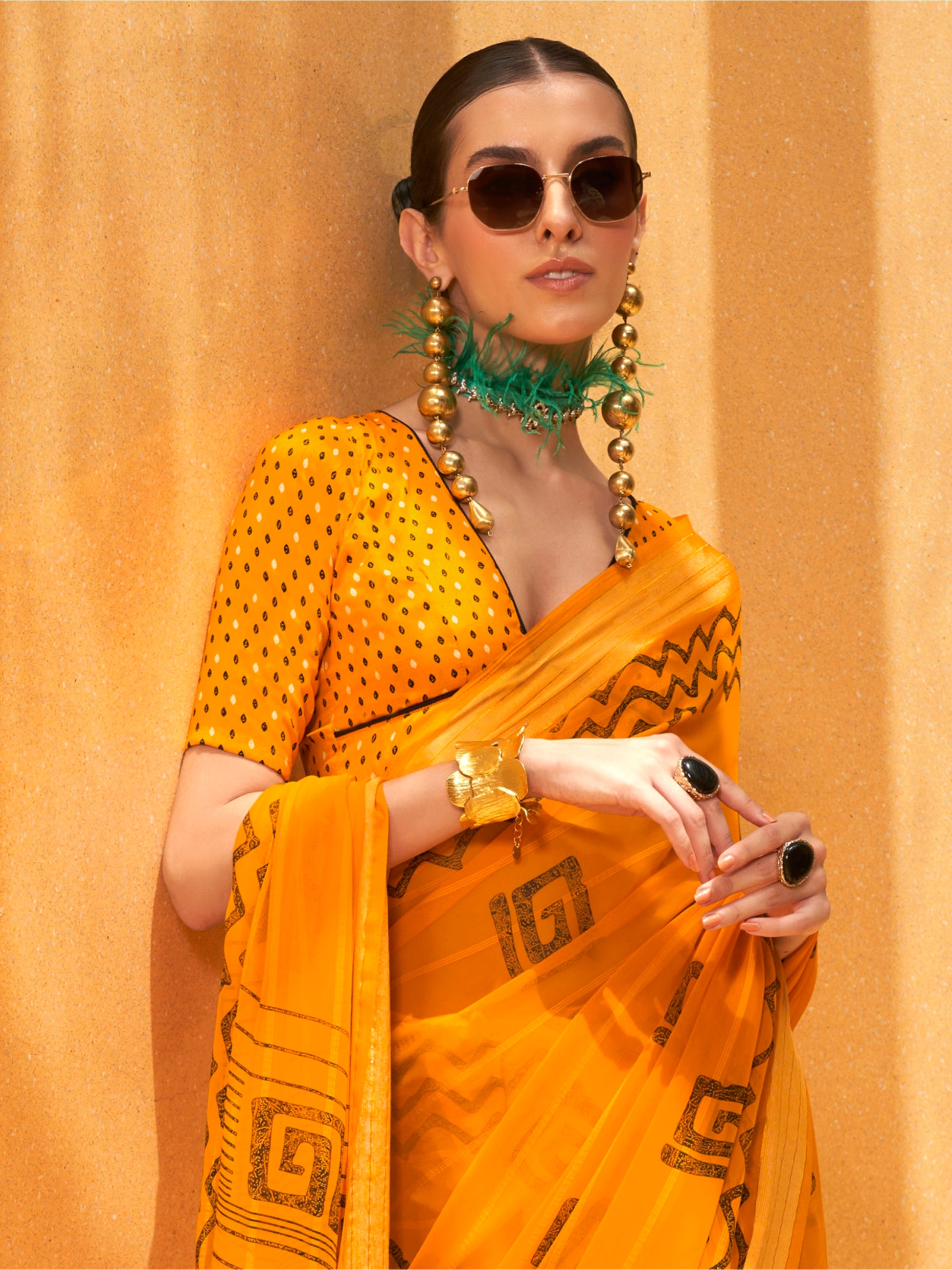 Alluring Yellow Foil Printed Georgette Haldi Wear Saree With Blouse