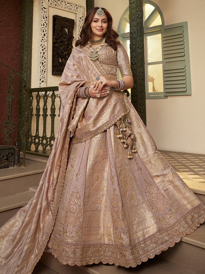 Impressive Peach Khatli Work Banarasi Silk Reception Wear Lehenga Choli